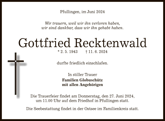 Anzeige von Gottfried Recktenwald von Reutlinger General-Anzeiger