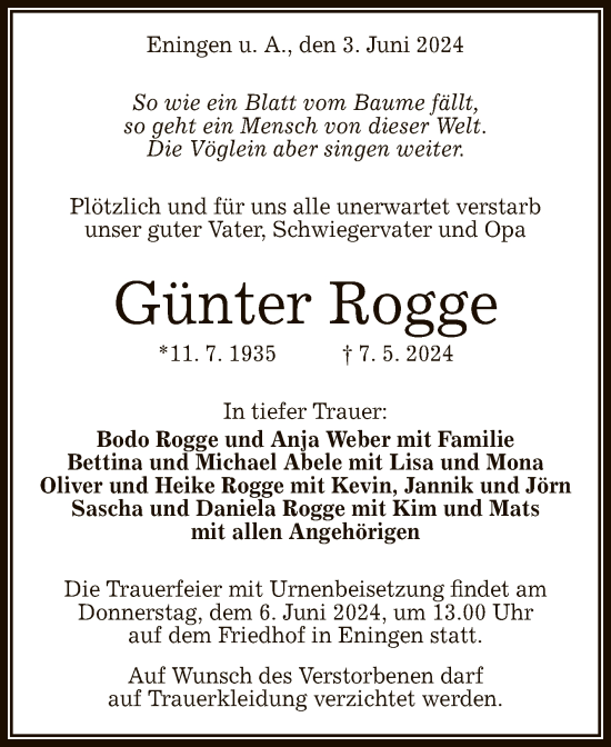 Anzeige von Günter Rogge von Reutlinger General-Anzeiger