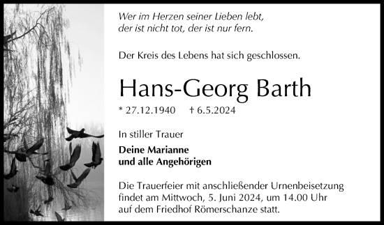 Anzeige von Hans-Georg Barth von Reutlinger General-Anzeiger