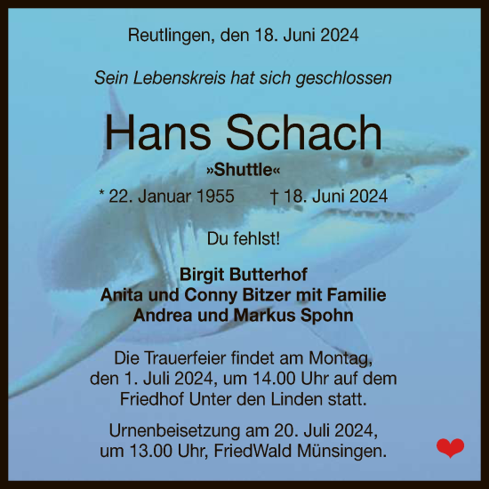 Anzeige von Hans Schach von Reutlinger General-Anzeiger