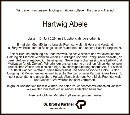 Anzeige von Hartwig Abele von Reutlinger General-Anzeiger