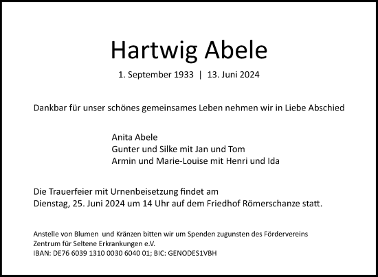 Anzeige von Hartwig Abele von Reutlinger General-Anzeiger