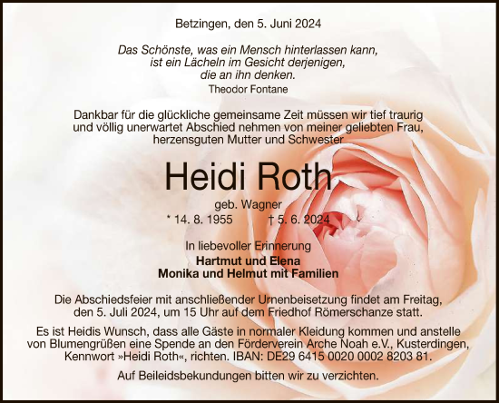 Anzeige von Heidi Roth von Reutlinger General-Anzeiger