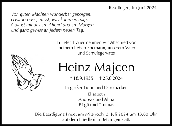Anzeige von Heinz Majcen von Reutlinger General-Anzeiger