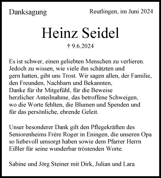 Anzeige von Heinz Seidel von Reutlinger General-Anzeiger