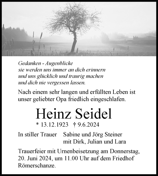 Anzeige von Heinz Seidel von Reutlinger General-Anzeiger