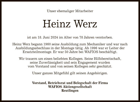 Anzeige von Heinz Werz von Reutlinger General-Anzeiger