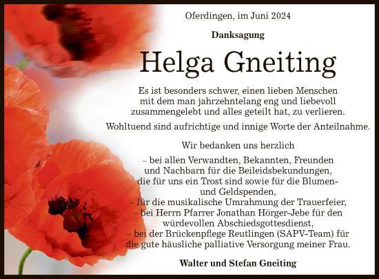 Anzeige von Helga Gneiting von Reutlinger General-Anzeiger