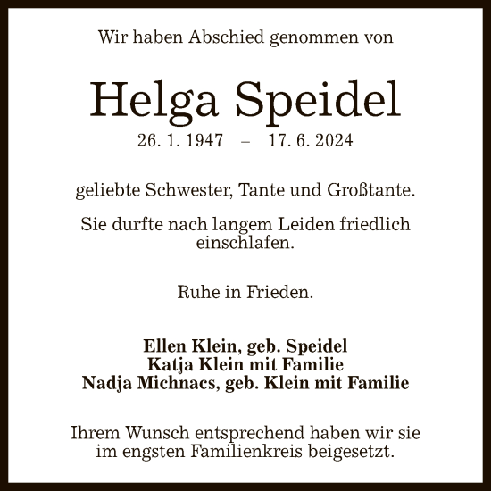 Anzeige von Helga Speidel von Reutlinger General-Anzeiger