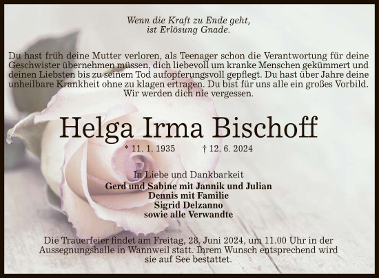 Anzeige von Helga Irma Bischoff von Reutlinger General-Anzeiger