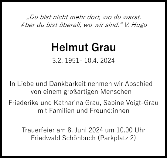 Anzeige von Helmut Grau von Reutlinger General-Anzeiger