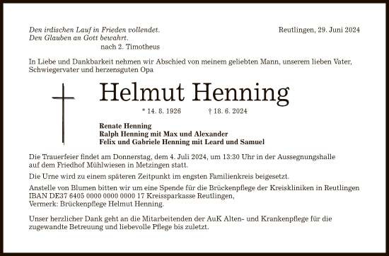 Anzeige von Helmut Henning von Reutlinger General-Anzeiger