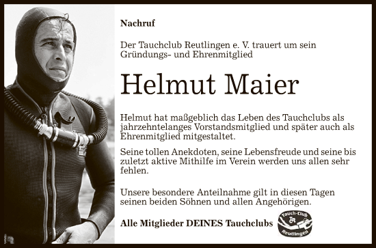 Anzeige von Helmut Maier von Reutlinger General-Anzeiger