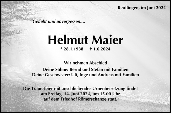 Anzeige von Helmut Maier von Reutlinger General-Anzeiger