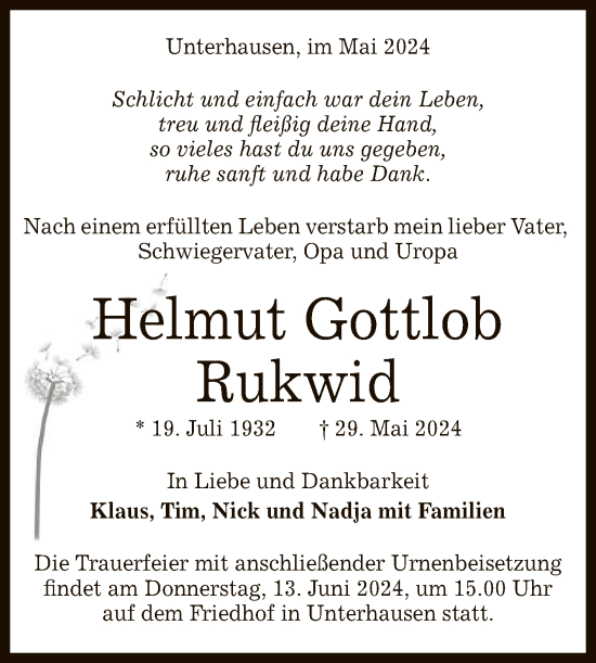 Anzeige von Helmut Rukwid von Reutlinger General-Anzeiger
