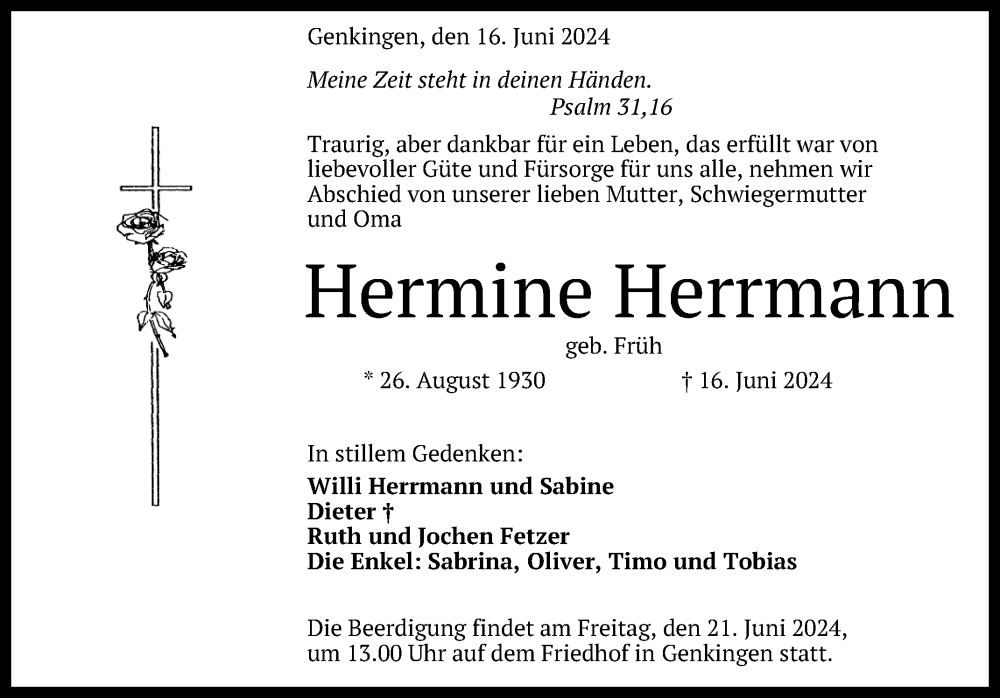  Traueranzeige für Hermine Herrmann vom 20.06.2024 aus Reutlinger General-Anzeiger