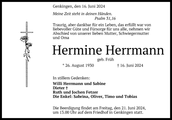 Anzeige von Hermine Herrmann von Reutlinger General-Anzeiger