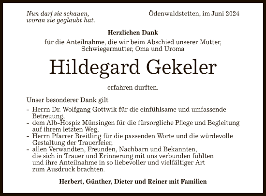 Anzeige von Hildegard Gekeler von Reutlinger General-Anzeiger