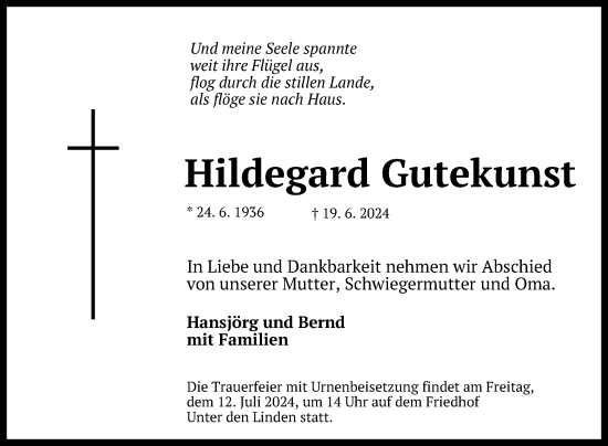 Anzeige von Hildegard Gutekunst von Reutlinger General-Anzeiger