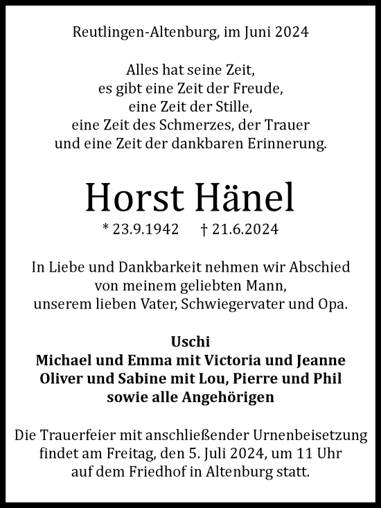 Anzeige von Horst Hänel von Reutlinger General-Anzeiger