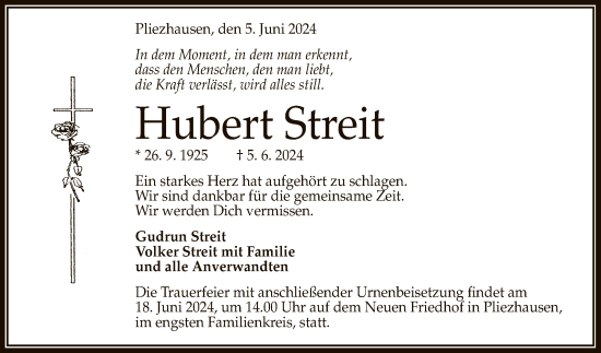 Anzeige von Hubert Streit von Reutlinger General-Anzeiger