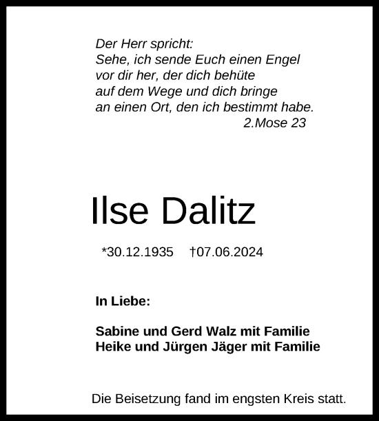 Anzeige von Ilse Dalitz von Reutlinger General-Anzeiger