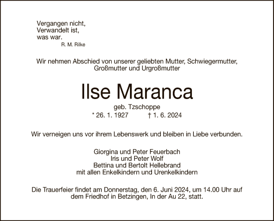 Anzeige von Ilse Maranca von Reutlinger General-Anzeiger
