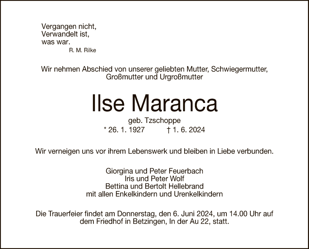  Traueranzeige für Ilse Maranca vom 04.06.2024 aus Reutlinger General-Anzeiger