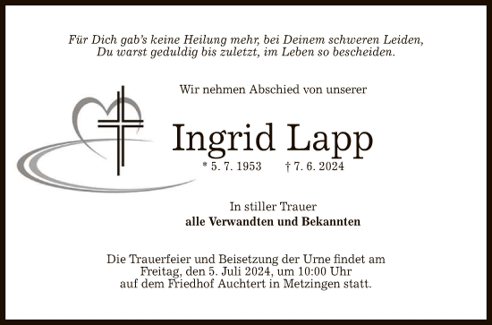 Anzeige von Ingrid Lapp von Reutlinger General-Anzeiger