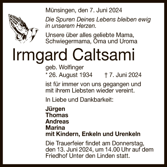 Anzeige von Irmgard Caltsami von Reutlinger General-Anzeiger