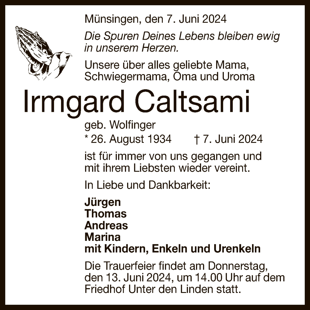  Traueranzeige für Irmgard Caltsami vom 11.06.2024 aus Reutlinger General-Anzeiger
