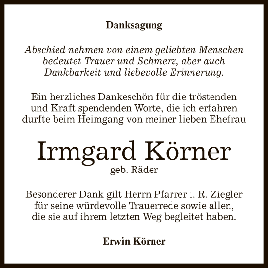 Anzeige von Irmgard Körner von Reutlinger General-Anzeiger