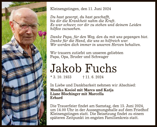 Anzeige von Jakob Fuchs von Reutlinger General-Anzeiger