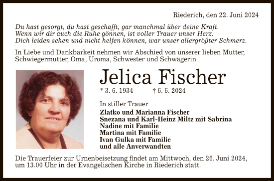 Anzeige von Jelica Fischer von Reutlinger General-Anzeiger