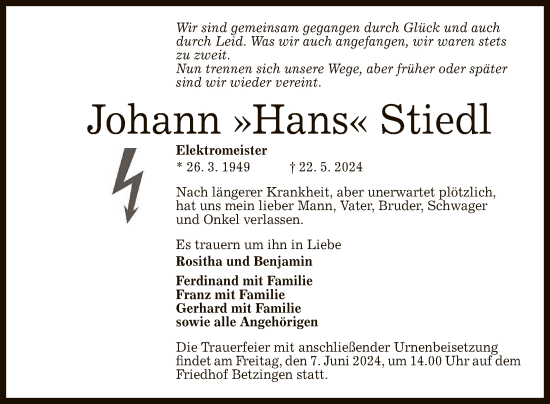 Anzeige von Johann  Stiedl von Reutlinger General-Anzeiger