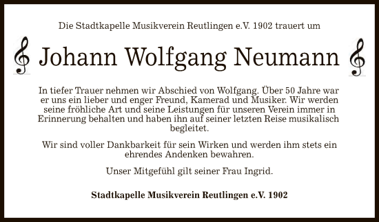 Anzeige von Johann Wolfgang Neumann von Reutlinger General-Anzeiger