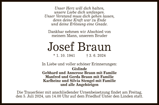 Anzeige von Josef Braun von Reutlinger General-Anzeiger