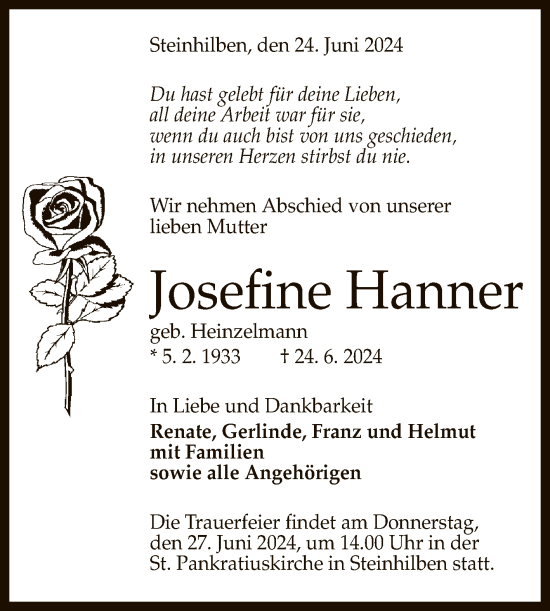 Anzeige von Josefine Hanner von Reutlinger General-Anzeiger