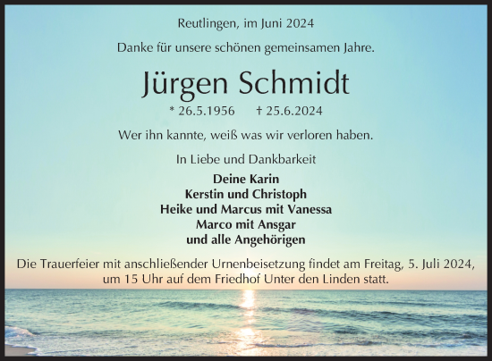 Anzeige von Jürgen Schmidt von Reutlinger General-Anzeiger