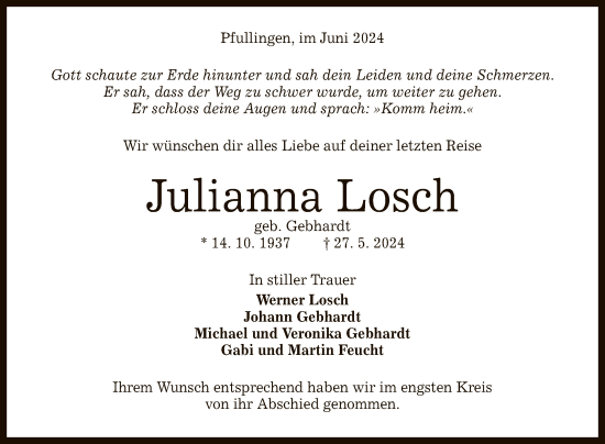 Anzeige von Julianna Losch von Reutlinger General-Anzeiger