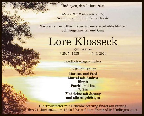 Anzeige von Lore Klosseck von Reutlinger General-Anzeiger