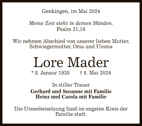 Anzeige von Lore Mader von Reutlinger General-Anzeiger