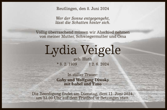 Anzeige von Lydia Veigele von Reutlinger General-Anzeiger