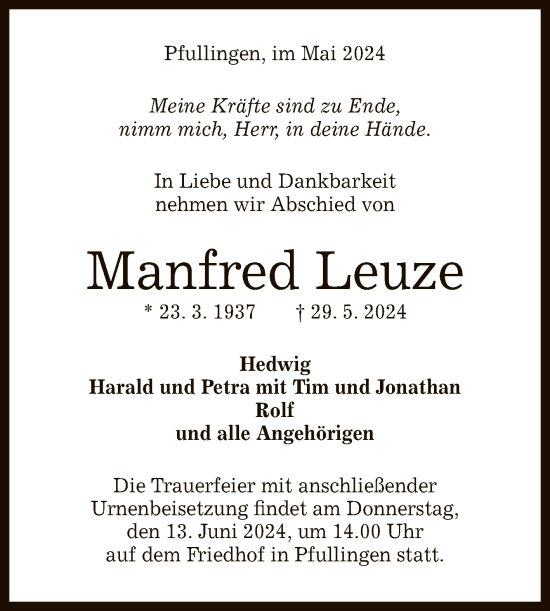 Anzeige von Manfred Leuze von Reutlinger General-Anzeiger