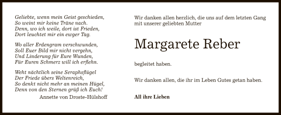Anzeige von Margarete Reber von Reutlinger General-Anzeiger