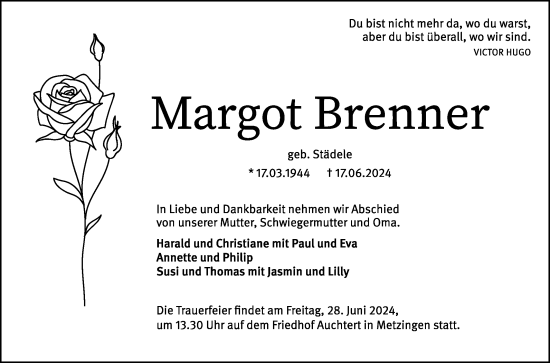 Anzeige von Margot Brenner von Reutlinger General-Anzeiger