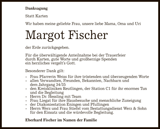 Anzeige von Margot Fischer von Reutlinger General-Anzeiger