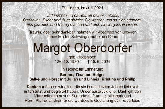 Anzeige von Margot Oberdorfer von Reutlinger General-Anzeiger
