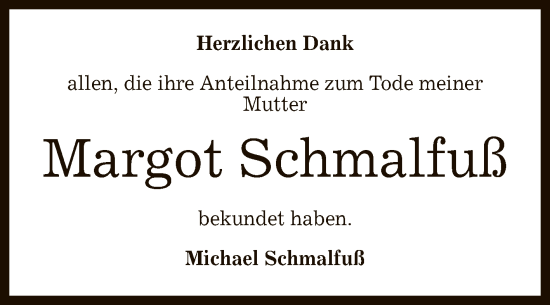 Anzeige von Margot Schmalfuß von Reutlinger General-Anzeiger