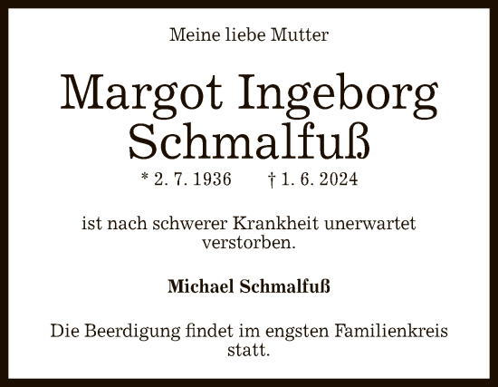 Anzeige von Margot Ingeborg Schmalfuß von Reutlinger General-Anzeiger